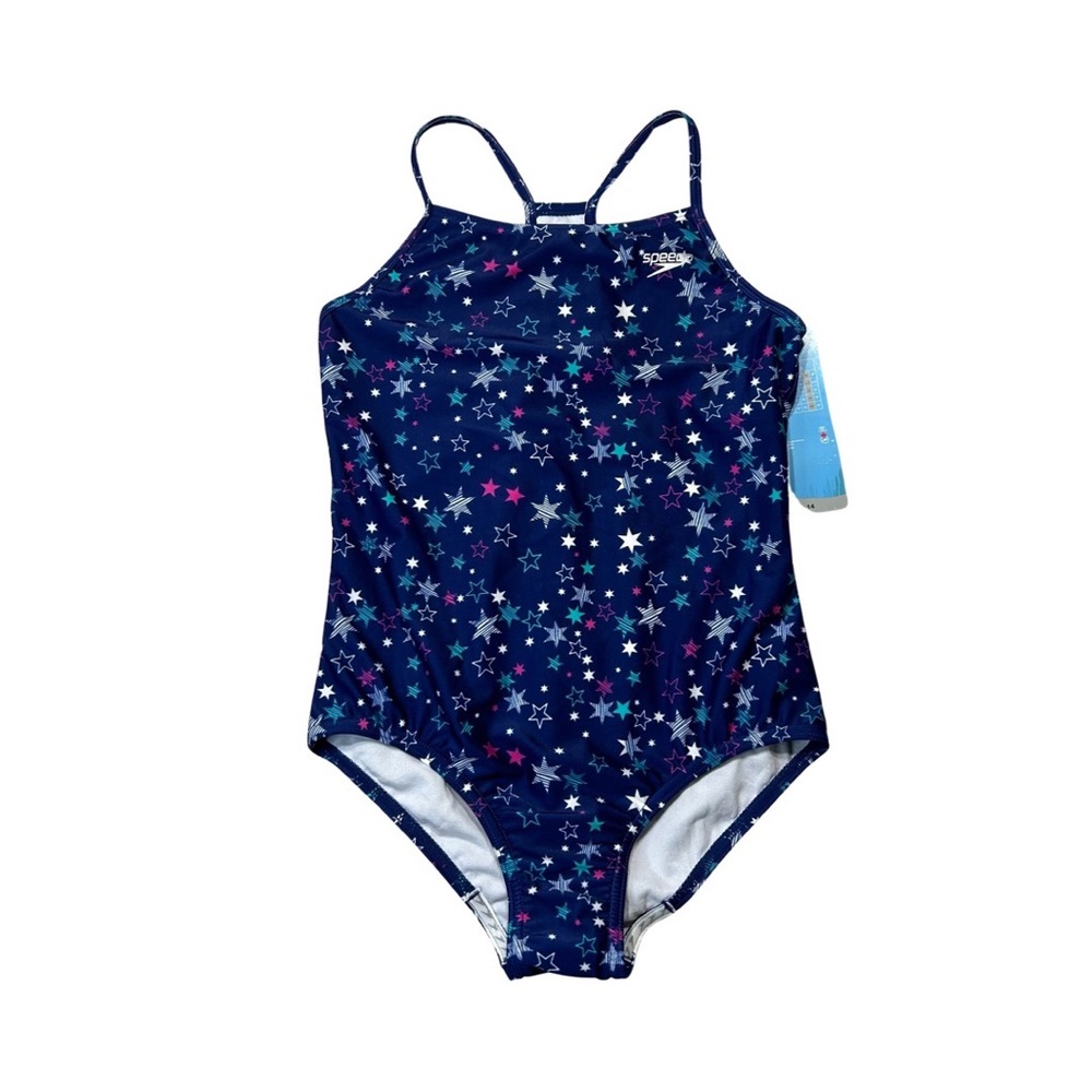 New SPEEDO Girls Starry Night Print One Piece Swimsuit Blue Size 14
